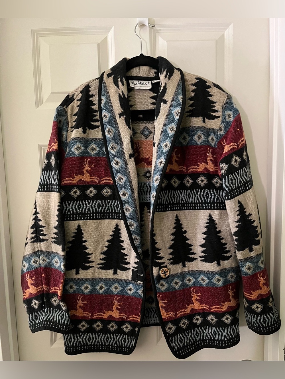VINTAGE Southwestern Woven Tapestry Cardigan Boho Knit Sweater Jacket Aztec L